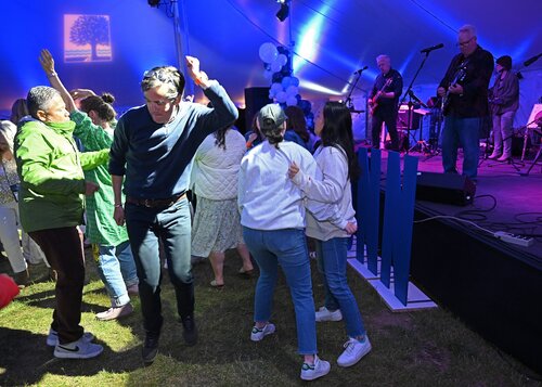 Reunion 2023 performance by Rhythm Method, the ultimate rock cover band featuring Conn alums Dave Warner ’86, Mike Stryker ’86, and Ross Dackow ’87, Saturday, June 3, 2023. (Connecticut College Photo by Sean D. Elliot)