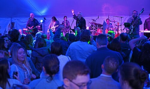 Reunion 2023 performance by Rhythm Method, the ultimate rock cover band featuring Conn alums Dave Warner ’86, Mike Stryker ’86, and Ross Dackow ’87, Saturday, June 3, 2023. (Connecticut College Photo by Sean D. Elliot)