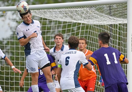Connecticut College defender Marco Cerezo (5) '24 v. Williams College in NESCAC men’s soccer action Saturday, October 7, 2023 on Freeman Field.  (Connecticut College Photo by Sean D. Elliot)