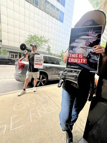 Protesting Marriott International for its failure to follow through on its cage-free commitment.