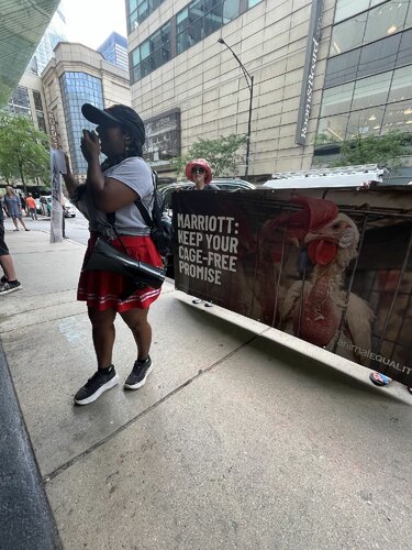 Protesting Marriott International for its failure to follow through on its cage-free commitment.