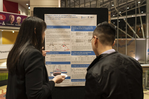 IAS 2023, the 12th IAS Conference on HIV Science. PMCUREF – HIV Cure & Immunotherapy Forum during the closing poster exhibition & networking session.  In the photo  IAS President Sharon Lewin and IAS Executive Director Birgit Poniatowski.