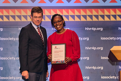 HIVR4P, the 5th HIV Research for Prevention Conference. Lima, Peru. 8 October, 2024

PL02
New tools: New challenges
Prize presenters Dave Clark (the Aurum Institute) and the recipient Elizabeth Irungu (Jhipiego)

©️ Nicole Bergman / IAS