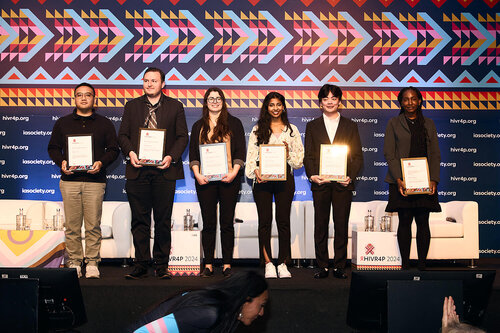 HIVR4P, the 5th HIV Research for Prevention Conference. Lima, Peru. 10 October, 2024

PL04 Realising the promise
Award presenter Cesar Boggiano (National Institutes of Health) 
and the 6 award recipients:
• Rifaldy Fajar (Yogyakarta State University)
• Maroney (University of Alabama)
• Laurén Gómez (University of Washington)
• Kalisha Bheemraj (University of Cape Town)
• Viet Hoang Vu (Johns Hopkins University)
• Michelle Muthui (KEMRI-Wellcome Trust)

©️ Nicole Bergman / IAS