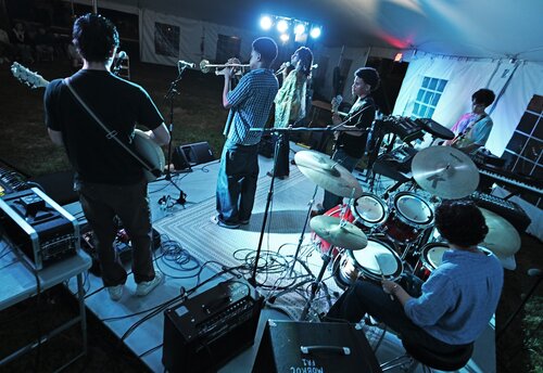 Student bands Brisa Azul and Marmalady perform as part of Arbofest for Fall Weekend Thursday, September 25, 2025 on Tempel Green. The event was moved to the Fall Weekend tent on Tempel Green due to weather. (Connecticut College photos by Sean D. Elliot)