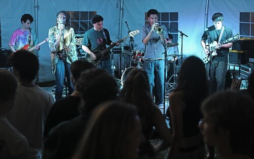 Student bands Brisa Azul and Marmalady perform as part of Arbofest for Fall Weekend Thursday, September 25, 2025 on Tempel Green. The event was moved to the Fall Weekend tent on Tempel Green due to weather. (Connecticut College photos by Sean D. Elliot)