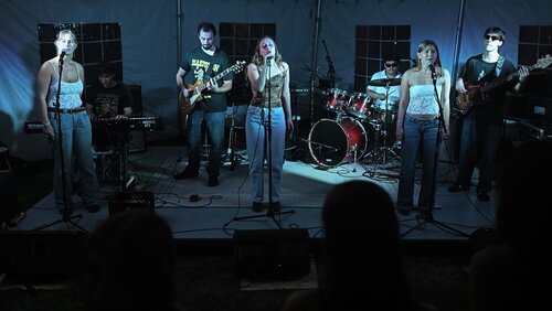 Student bands Brisa Azul and Marmalady perform as part of Arbofest for Fall Weekend Thursday, September 25, 2025 on Tempel Green. The event was moved to the Fall Weekend tent on Tempel Green due to weather. (Connecticut College photos by Sean D. Elliot)