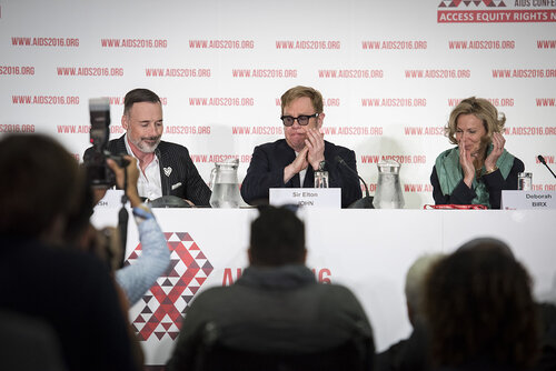 21st International AIDS Conference (AIDS 2016), Durban, South Africa.
Photo shows the PEPFAR and Elton John AIDS Foundation Press Conference. Left to Right: David Furnish, Chairman, Elton John AIDS Foundation; Sir Elton John, Founder, Elton John AIDS Foundation; Ambassador Deborah Birx, United States Global AIDS Coordinator.
Photo©International AIDS Society/Steve Forrest/Workers' Photos