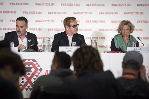 21st International AIDS Conference (AIDS 2016), Durban, South Africa.
Photo shows the PEPFAR and Elton John AIDS Foundation Press Conference. Left to Right: David Furnish, Chairman, Elton John AIDS Foundation; Sir Elton John, Founder, Elton John AIDS Foundation; Ambassador Deborah Birx, United States Global AIDS Coordinator.
Photo©International AIDS Society/Steve Forrest/Workers' Photos