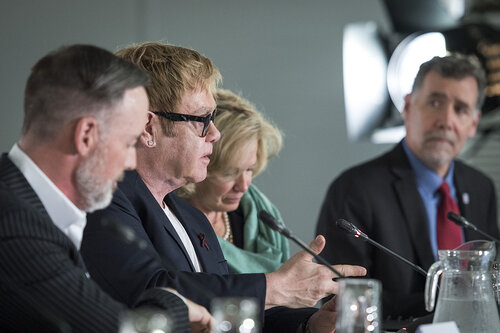 21st International AIDS Conference (AIDS 2016), Durban, South Africa.
Photo shows the PEPFAR and Elton John AIDS Foundation Press Conference. Left to Right: David Furnish, Chairman, Elton John AIDS Foundation; Sir Elton John, Founder, Elton John AIDS Foundation; Ambassador Deborah Birx, United States Global AIDS Coordinator; Chris Beyrer, President International AIDS Society.
Photo©International AIDS Society/Steve Forrest/Workers' Photos