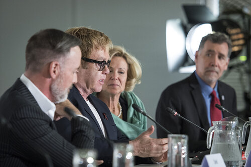21st International AIDS Conference (AIDS 2016), Durban, South Africa.
Photo shows the PEPFAR and Elton John AIDS Foundation Press Conference. Left to Right: David Furnish, Chairman, Elton John AIDS Foundation; Sir Elton John, Founder, Elton John AIDS Foundation; Ambassador Deborah Birx, United States Global AIDS Coordinator; Chris Beyrer, President International AIDS Society.
Photo©International AIDS Society/Steve Forrest/Workers' Photos