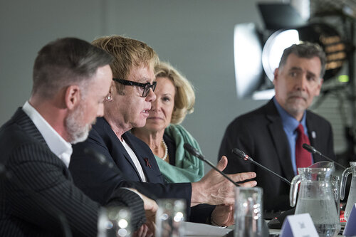 21st International AIDS Conference (AIDS 2016), Durban, South Africa.
Photo shows the PEPFAR and Elton John AIDS Foundation Press Conference. Left to Right: David Furnish, Chairman, Elton John AIDS Foundation; Sir Elton John, Founder, Elton John AIDS Foundation; Ambassador Deborah Birx, United States Global AIDS Coordinator; Chris Beyrer, President International AIDS Society.
Photo©International AIDS Society/Steve Forrest/Workers' Photos