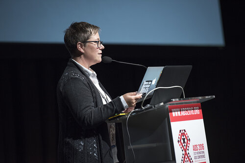 21st International AIDS Conference (AIDS 2016), Durban, South Africa.
Photo shows the 'Courage in Leadership: World Leaders with the Political Will to Remove Punitive Laws session.
From Left to Right: Laurel Sprague, HIV Justice Network, United States.
Photo©International AIDS Society/Steve Forrest/Workers' Photos