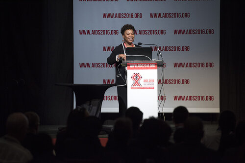 21st International AIDS Conference (AIDS 2016), Durban, South Africa.
Photo shows the 'Courage in Leadership: World Leaders with the Political Will to Remove Punitive Laws session.
Barbara Lee, United States Congress, United States, speaking.
Photo©International AIDS Society/Steve Forrest/Workers' Photos