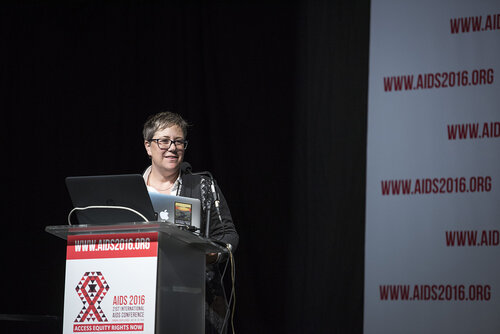 21st International AIDS Conference (AIDS 2016), Durban, South Africa.
Photo shows the 'Courage in Leadership: World Leaders with the Political Will to Remove Punitive Laws session.
From Left to Right: Laurel Sprague, HIV Justice Network, United States.
Photo©International AIDS Society/Steve Forrest/Workers' Photos