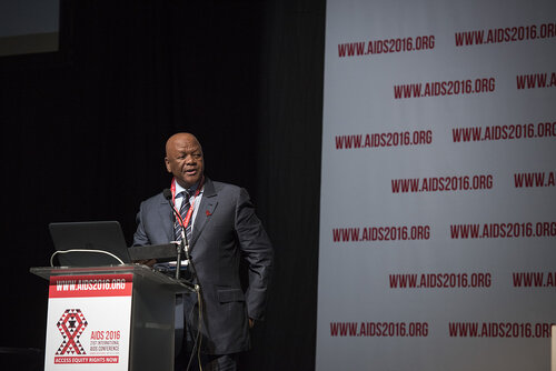 21st International AIDS Conference (AIDS 2016), Durban, South Africa.
Photo shows the 'Courage in Leadership: World Leaders with the Political Will to Remove Punitive Laws session.
Jeffrey Radebe, Minister in the Presidency for Planning, Performance, Monitoring, Evaluation and Administration, South Africa speaking.
Photo©International AIDS Society/Steve Forrest/Workers' Photos