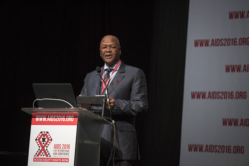 21st International AIDS Conference (AIDS 2016), Durban, South Africa.
Photo shows the 'Courage in Leadership: World Leaders with the Political Will to Remove Punitive Laws session.
Jeffrey Radebe, Minister in the Presidency for Planning, Performance, Monitoring, Evaluation and Administration, South Africa speaking.
Photo©International AIDS Society/Steve Forrest/Workers' Photos