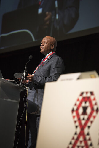 21st International AIDS Conference (AIDS 2016), Durban, South Africa.
Photo shows the 'Courage in Leadership: World Leaders with the Political Will to Remove Punitive Laws session.
Jeffrey Radebe, Minister in the Presidency for Planning, Performance, Monitoring, Evaluation and Administration, South Africa speaking.
Photo©International AIDS Society/Steve Forrest/Workers' Photos