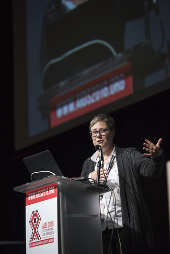 21st International AIDS Conference (AIDS 2016), Durban, South Africa.
Photo shows the 'Courage in Leadership: World Leaders with the Political Will to Remove Punitive Laws session.
From Left to Right: Laurel Sprague, HIV Justice Network, United States speaking.
Photo©International AIDS Society/Steve Forrest/Workers' Photos