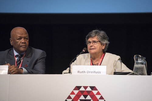 21st International AIDS Conference (AIDS 2016), Durban, South Africa.
Photo shows the 'Courage in Leadership: World Leaders with the Political Will to Remove Punitive Laws session.
Ruth Dreifuss, Former President, Switzerland speaking.
Photo©International AIDS Society/Steve Forrest/Workers' Photos