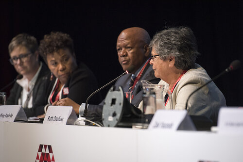 21st International AIDS Conference (AIDS 2016), Durban, South Africa.
Photo shows the 'Courage in Leadership: World Leaders with the Political Will to Remove Punitive Laws session.
From Left to Right: Laurel Sprague, HIV Justice Network, United States; Barbara Lee, United States Congress, United States; Jeffrey Radebe, Minister in the Presidency for Planning, Performance, Monitoring, Evaluation and Administration, South Africa; Ruth Dreifuss, Former President, Switzerland.
Photo©International AIDS Society/Steve Forrest/Workers' Photos