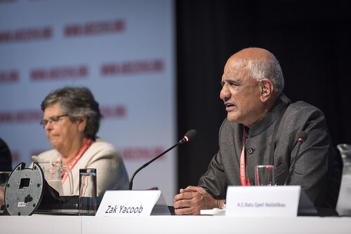 21st International AIDS Conference (AIDS 2016), Durban, South Africa.
Photo shows the 'Courage in Leadership: World Leaders with the Political Will to Remove Punitive Laws session.
Zak Yacoob, Constitutional Court, South Africa speaking.
Photo©International AIDS Society/Steve Forrest/Workers' Photos
