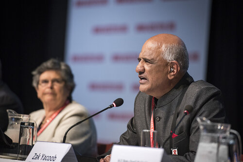 21st International AIDS Conference (AIDS 2016), Durban, South Africa.
Photo shows the 'Courage in Leadership: World Leaders with the Political Will to Remove Punitive Laws session.
Zak Yacoob, Constitutional Court, South Africa speaking.
Photo©International AIDS Society/Steve Forrest/Workers' Photos
