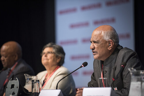 21st International AIDS Conference (AIDS 2016), Durban, South Africa.
Photo shows the 'Courage in Leadership: World Leaders with the Political Will to Remove Punitive Laws session.
Zak Yacoob, Constitutional Court, South Africa speaking.
Photo©International AIDS Society/Steve Forrest/Workers' Photos