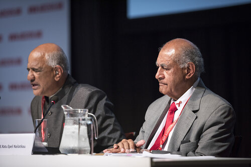 21st International AIDS Conference (AIDS 2016), Durban, South Africa.
Photo shows the 'Courage in Leadership: World Leaders with the Political Will to Remove Punitive Laws session.
From Left to Right: Zak Yacoob, Constitutional Court, South Africa; H.E.Ratu Nailatikau, Former President of the Republic of Fiji.
Photo©International AIDS Society/Steve Forrest/Workers' Photos