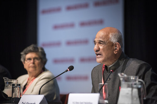 21st International AIDS Conference (AIDS 2016), Durban, South Africa.
Photo shows the 'Courage in Leadership: World Leaders with the Political Will to Remove Punitive Laws session.
Zak Yacoob, Constitutional Court, South Africa speaking.
Photo©International AIDS Society/Steve Forrest/Workers' Photos