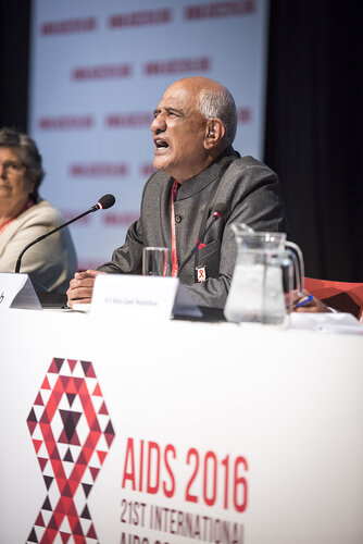 21st International AIDS Conference (AIDS 2016), Durban, South Africa.
Photo shows the 'Courage in Leadership: World Leaders with the Political Will to Remove Punitive Laws session.
Zak Yacoob, Constitutional Court, South Africa speaking.
Photo©International AIDS Society/Steve Forrest/Workers' Photos
