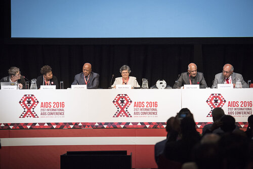 21st International AIDS Conference (AIDS 2016), Durban, South Africa.
Photo shows the 'Courage in Leadership: World Leaders with the Political Will to Remove Punitive Laws session.
From Left to Right: Laurel Sprague, HIV Justice Network, United States; Barbara Lee, United States Congress, United States; Jeffrey Radebe, Minister in the Presidency for Planning, Performance, Monitoring, Evaluation and Administration, South Africa; Ruth Dreifuss, Former President, Switzerland; Zak Yacoob, Constitutional Court, South Africa; H.E.Ratu   Nailatikau, Former President of the Republic of Fiji.
Photo©International AIDS Society/Steve Forrest/Workers' Photos