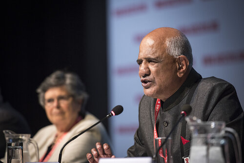 21st International AIDS Conference (AIDS 2016), Durban, South Africa.
Photo shows the 'Courage in Leadership: World Leaders with the Political Will to Remove Punitive Laws session.
Zak Yacoob, Constitutional Court, South Africa speaking.
Photo©International AIDS Society/Steve Forrest/Workers' Photos