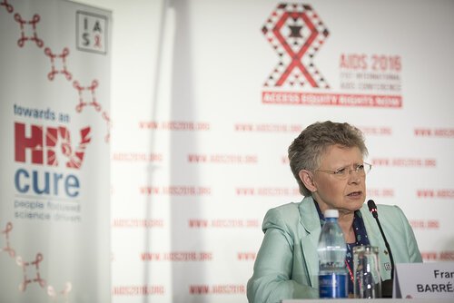 21st International AIDS Conference (AIDS 2016), Durban, South Africa.
Photo shows the official HIV Cure Research Press Conference. Françoise Barré-Sinoussi, Research Director of Exceptional Grade, French National Institute of Health and Medical Research, and Professor, Institut Pasteur speaking.
Photo©International AIDS Society/Steve Forrest/Workers' Photos