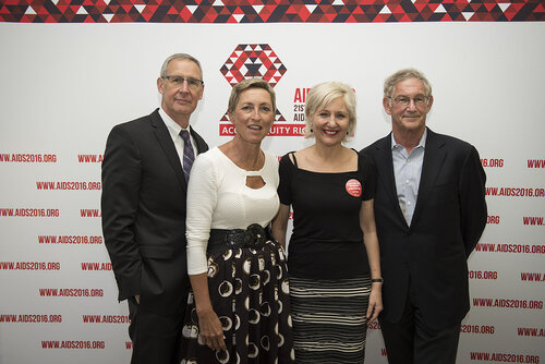 21st International AIDS Conference (AIDS 2016), Durban, South Africa.
Photo shows the 'Ongoing Search for a Vaccine' Official Press Conference.
Left to Right: Carl W. Dieffenbach, Director, Division of AIDS, National Institute of Allergy and Infectious Diseases; Linda-Gail Bekker, President-Elect, International AIDS Society, Deputy Director, Desmond Tutu HIV Centre at the Institute of Infectious Disease and Molecular Medicine, and COO, Desmond Tutu HIV Foundation; Glenda Gray, President and CEO, South African Medical Research; Larry Corey, President and Director Emeritus, Fred Hutchinson Cancer Research Center.
Photo©International AIDS Society/Steve Forrest/Workers' Photos