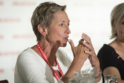 21st International AIDS Conference (AIDS 2016), Durban, South Africa.
Photo shows the 'Ongoing Search for a Vaccine' Official Press Conference.
Linda-Gail Bekker, President-Elect, International AIDS Society, Deputy Director, Desmond Tutu HIV Centre at the Institute of Infectious Disease and Molecular Medicine, and COO, Desmond Tutu HIV Foundation speaking.
Photo©International AIDS Society/Steve Forrest/Workers' Photos