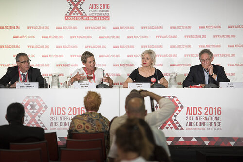 21st International AIDS Conference (AIDS 2016), Durban, South Africa.
Photo shows the 'Ongoing Search for a Vaccine' Official Press Conference.
Left to Right: Carl W. Dieffenbach, Director, Division of AIDS, National Institute of Allergy and Infectious Diseases; Linda-Gail Bekker, President-Elect, International AIDS Society, Deputy Director, Desmond Tutu HIV Centre at the Institute of Infectious Disease and Molecular Medicine, and COO, Desmond Tutu HIV Foundation; Glenda Gray, President and CEO, South African Medical Research; Larry Corey, President and Director Emeritus, Fred Hutchinson Cancer Research Center.
Photo©International AIDS Society/Steve Forrest/Workers' Photos