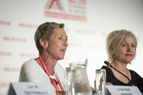 21st International AIDS Conference (AIDS 2016), Durban, South Africa.
Photo shows the 'Ongoing Search for a Vaccine' Official Press Conference.
Linda-Gail Bekker, President-Elect, International AIDS Society, Deputy Director, Desmond Tutu HIV Centre at the Institute of Infectious Disease and Molecular Medicine, and COO, Desmond Tutu HIV Foundation speaking.
Photo©International AIDS Society/Steve Forrest/Workers' Photos