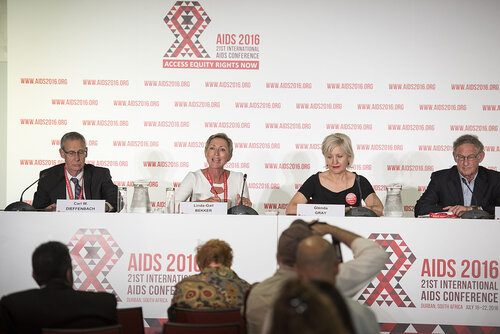 21st International AIDS Conference (AIDS 2016), Durban, South Africa.
Photo shows the 'Ongoing Search for a Vaccine' Official Press Conference.
Left to Right: Carl W. Dieffenbach, Director, Division of AIDS, National Institute of Allergy and Infectious Diseases; Linda-Gail Bekker, President-Elect, International AIDS Society, Deputy Director, Desmond Tutu HIV Centre at the Institute of Infectious Disease and Molecular Medicine, and COO, Desmond Tutu HIV Foundation; Glenda Gray, President and CEO, South African Medical Research; Larry Corey, President and Director Emeritus, Fred Hutchinson Cancer Research Center.
Photo©International AIDS Society/Steve Forrest/Workers' Photos