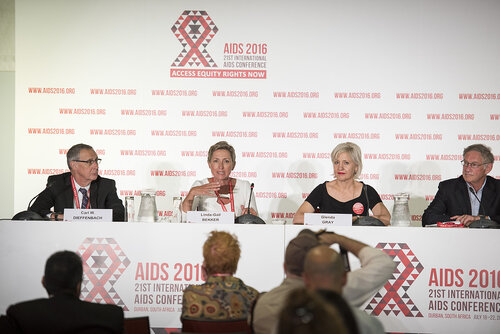 21st International AIDS Conference (AIDS 2016), Durban, South Africa.
Photo shows the 'Ongoing Search for a Vaccine' Official Press Conference.
Left to Right: Carl W. Dieffenbach, Director, Division of AIDS, National Institute of Allergy and Infectious Diseases; Linda-Gail Bekker, President-Elect, International AIDS Society, Deputy Director, Desmond Tutu HIV Centre at the Institute of Infectious Disease and Molecular Medicine, and COO, Desmond Tutu HIV Foundation; Glenda Gray, President and CEO, South African Medical Research; Larry Corey, President and Director Emeritus, Fred Hutchinson Cancer Research Center.
Photo©International AIDS Society/Steve Forrest/Workers' Photos