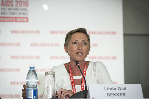21st International AIDS Conference (AIDS 2016), Durban, South Africa.
Photo shows the 'Expanding the Impact of PrEP' Official Press Conference.
Linda-Gail Bekker, President-Elect, International AIDS Society, Deputy Director, Desmond Tutu HIV Centre at the Institute of Infectious Disease and Molecular Medicine, and COO, Desmond Tutu HIV Foundation speaking.
Photo©International AIDS Society/Steve Forrest/Workers' Photos