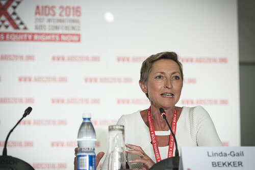 21st International AIDS Conference (AIDS 2016), Durban, South Africa.
Photo shows the 'Expanding the Impact of PrEP' Official Press Conference.
Linda-Gail Bekker, President-Elect, International AIDS Society, Deputy Director, Desmond Tutu HIV Centre at the Institute of Infectious Disease and Molecular Medicine, and COO, Desmond Tutu HIV Foundation speaking.
Photo©International AIDS Society/Steve Forrest/Workers' Photos