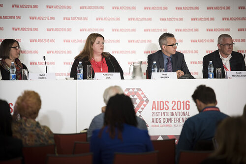 21st International AIDS Conference (AIDS 2016), Durban, South Africa.
Photo shows the 'Expanding the Impact of PrEP' Official Press Conference.
From Left to Right: Sybil Hosek, Clinical Psychologist, Stroger Hospital of Cook County; Katherine Gill, Medical Officer, The Desmond Tutu HIV Centre; Jared Baeten, Vice Chair, Global Health, University of Washington; Scott McCallister, Clinical Research, Gilead Sciences. 
Photo©International AIDS Society/Steve Forrest/Workers' Photos