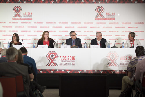 21st International AIDS Conference (AIDS 2016), Durban, South Africa.
Photo shows the 'Expanding the Impact of PrEP' Official Press Conference.
From Left to Right: Sybil Hosek, Clinical Psychologist, Stroger Hospital of Cook County; Katherine Gill, Medical Officer, The Desmond Tutu HIV Centre; Jared Baeten, Vice Chair, Global Health, University of Washington; Scott McCallister, Clinical Research, Gilead Sciences; Linda-Gail Bekker, President-Elect, International AIDS Society, Deputy Director, Desmond Tutu HIV Centre at the Institute of Infectious Disease and Molecular Medicine, and COO, Desmond Tutu HIV Foundation.
Photo©International AIDS Society/Steve Forrest/Workers' Photos