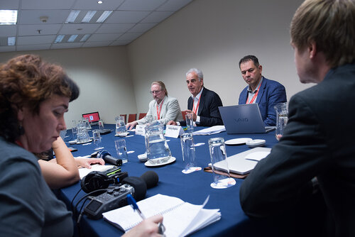 21st International AIDS Conference (AIDS 2016), Durban, South Africa. Photo shows: Eastern European and Central Asian Media Briefing with (L-R)Vadim Pokrovsky, Michel Kazatchkine, Andriy Klepikov. Photo©International AIDS Society/Marcus Rose