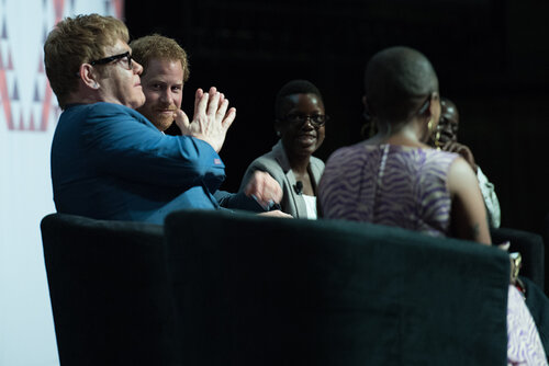 21st International AIDS Conference (AIDS 2016), Durban, South Africa. Photo shows: Ending AIDS with the Voices of Youth. Panel discussion (L-R) Kgomotso Matsuanyane, Elton John, HRH Prince Harry, Loyce Maturu, Carlo Andre Oliveras Rodriguez, Brian Ssensalire. Photo©International AIDS Society/Marcus Rose