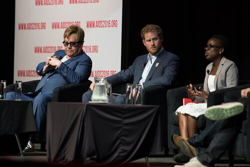21st International AIDS Conference (AIDS 2016), Durban, South Africa. Photo shows: Ending AIDS with the Voices of Youth. Panel discussion (L-R) Kgomotso Matsuanyane, Elton John, HRH Prince Harry, Loyce Maturu, Carlo Andre Oliveras Rodriguez, Brian Ssensalire. Photo©International AIDS Society/Marcus Rose