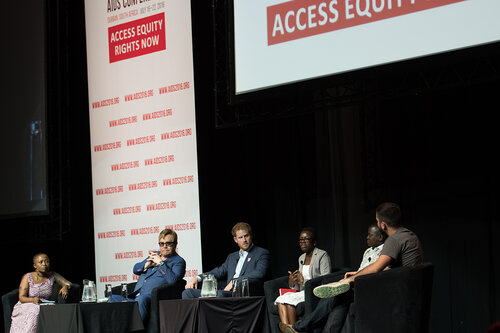 21st International AIDS Conference (AIDS 2016), Durban, South Africa. Photo shows: Ending AIDS with the Voices of Youth. Panel discussion (L-R) Kgomotso Matsuanyane, Elton John, HRH Prince Harry, Loyce Maturu, Brian Ssensalire, Carlo Andre Oliveras Rodriguez. Photo©International AIDS Society/Marcus Rose