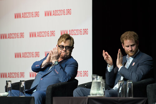 21st International AIDS Conference (AIDS 2016), Durban, South Africa. Photo shows: Ending AIDS with the Voices of Youth. Panel discussion (L-R) Kgomotso Matsuanyane, Elton John, HRH Prince Harry, Loyce Maturu, Carlo Andre Oliveras Rodriguez, Brian Ssensalire. Photo©International AIDS Society/Marcus Rose