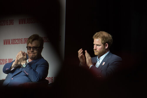 21st International AIDS Conference (AIDS 2016), Durban, South Africa. Photo shows: Ending AIDS with the Voices of Youth. Panel discussion (L-R) Kgomotso Matsuanyane, Elton John, HRH Prince Harry, Loyce Maturu, Carlo Andre Oliveras Rodriguez, Brian Ssensalire. Photo©International AIDS Society/Marcus Rose